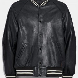 Mens Varsity Bomber Snap Tab Closure Black Leather Jacket Mens Varsity Bomber Snap Tab Closure Black Leather Jacket