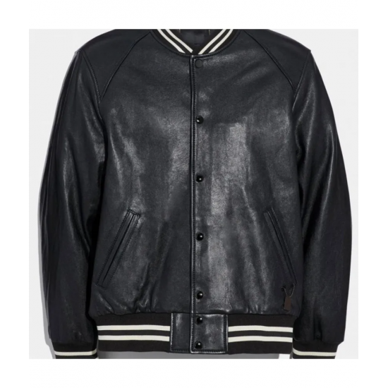 Mens Varsity Bomber Snap Tab Closure Black Leather Jacket