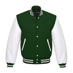 Mens White and Green Leather Bomber Varsity Jacket
