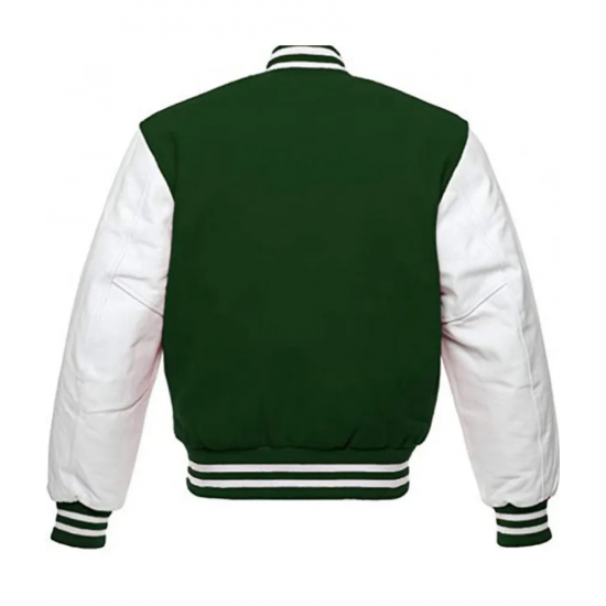 Mens White and Green Leather Bomber Varsity Jacket