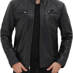 Mens Black Padded Biker Leather Jacket