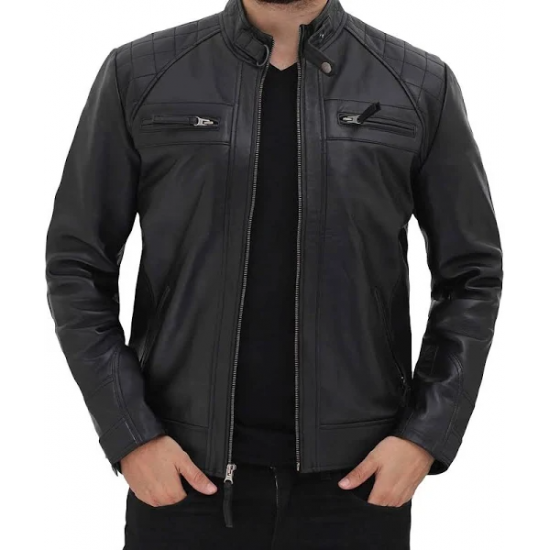 Mens Black Padded Biker Leather Jacket