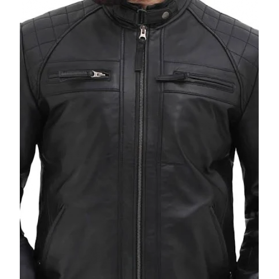 Mens Black Padded Biker Leather Jacket