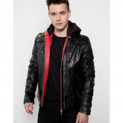 Mens Black Red Hood Black Leather Jacket Mens Black Red Hood Black Leather Jacket