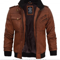 Mens Brown Bomber Leather Jacket With Removable Hood Mens Brown Bomber Leather Jacket With Removable Hood