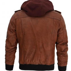 Mens Brown Bomber Leather Jacket With Removable Hood Mens Brown Bomber Leather Jacket With Removable Hood