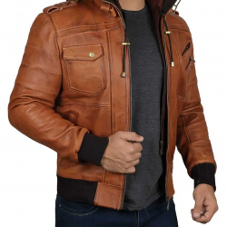 Mens Brown Leather Bomber Jacket Removable Hood Mens Brown Leather Bomber Jacket Removable Hood