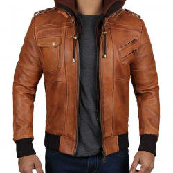 Mens Brown Leather Bomber Jacket Removable Hood Mens Brown Leather Bomber Jacket Removable Hood