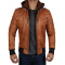 Mens Brown Leather Bomber Jacket Removable Hood