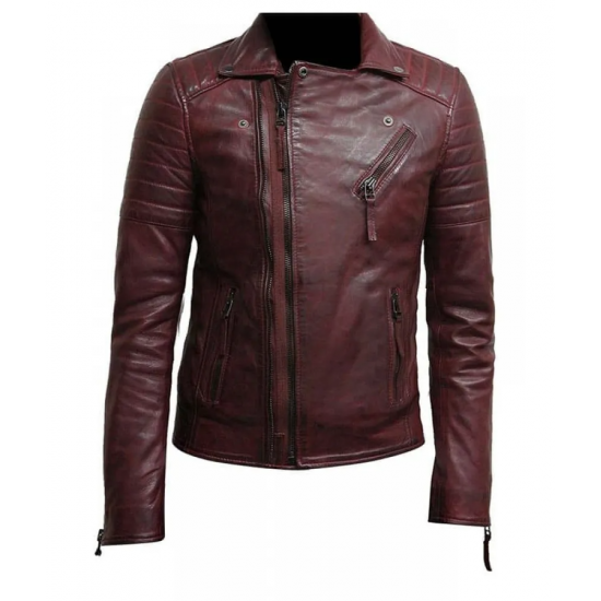 Mens Burgundy Color Biker Style Leather Jacket