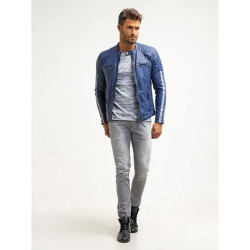 Mens Cafe Racer Leather Biker Jacket Blue with White Stripes