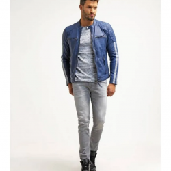 Mens Cafe Racer Leather Biker Jacket Blue with White Stripes Mens Cafe Racer Leather Biker Jacket Blue with White Stripes
