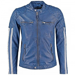 Mens Cafe Racer Leather Biker Jacket Blue with White Stripes Mens Cafe Racer Leather Biker Jacket Blue with White Stripes