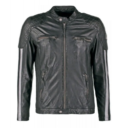Mens Cafe Racer Motorcycle Leather Jacket Black with White Stripes