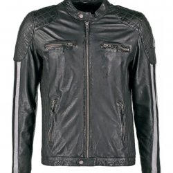 Mens Cafe Racer Motorcycle Leather Jacket Black with White Stripes Mens Cafe Racer Motorcycle Leather Jacket Black with White Stripes