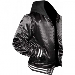 Mens Casual Black Bomber Satin Hooded Varsity Jacket