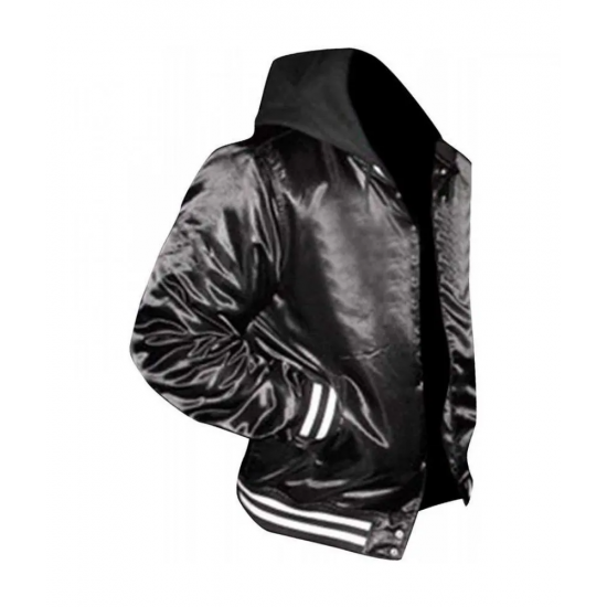 Mens Casual Black Bomber Satin Hooded Varsity Jacket