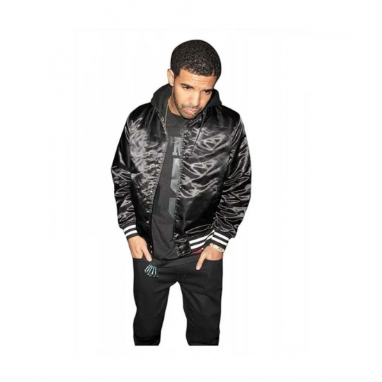 Mens Casual Black Bomber Satin Hooded Varsity Jacket