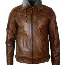 Mens Distressed Leather Biker Jacket Belted Brown Fur Collar Mens Distressed Leather Biker Jacket Belted Brown Fur Collar