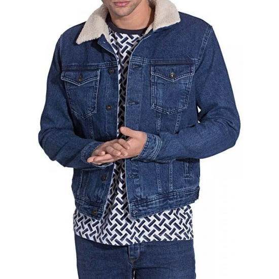 Mens Faux Shearling Fur Denim Jacket Blue