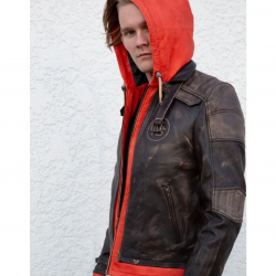 Mens Goku Orange Hood Brown Leather Jacket Mens Goku Orange Hood Brown Leather Jacket