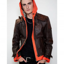 Mens Goku Orange Hood Brown Leather Jacket Mens Goku Orange Hood Brown Leather Jacket