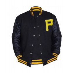 Mens Pittsburgh Pirates P Logo Baseball Majestic Varsity Black Letterman Bomber Jacket