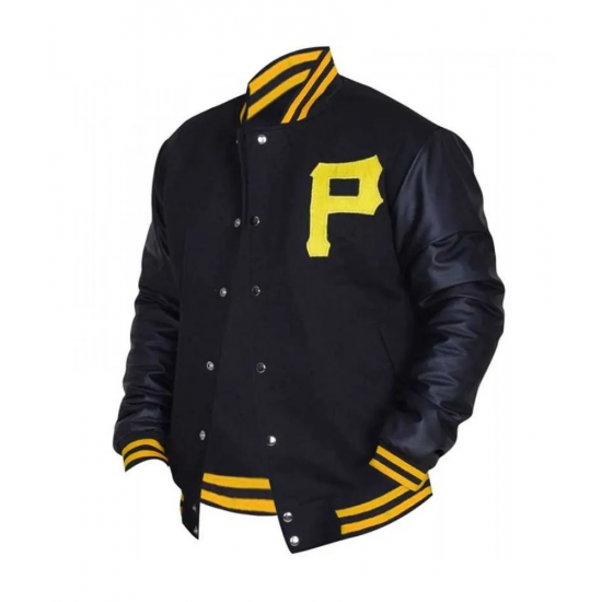 Mens Pittsburgh Pirates P Logo Baseball Majestic Varsity Black Letterman Bomber Jacket