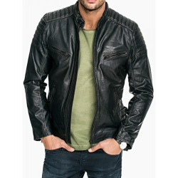 Mens Quilted Rub Off Leather Jacket Distressed Black