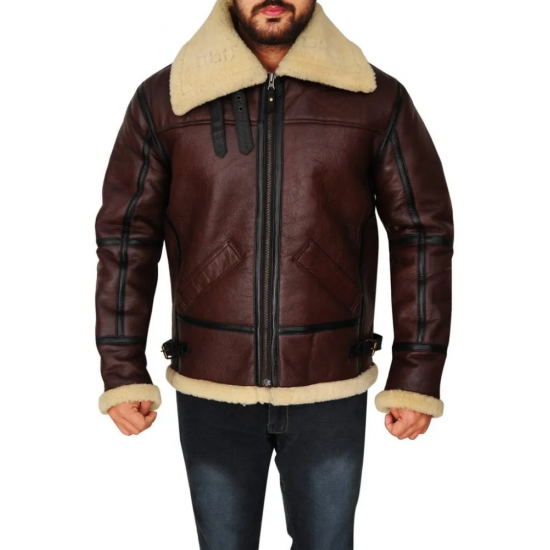 Mens Shearling Brown Bomber Leather Jacket