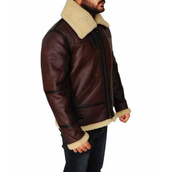 Mens Shearling Brown Bomber Leather Jacket