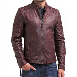 Mens Waxed Leather Cafe Racer Biker Jacket Copper Burgundy