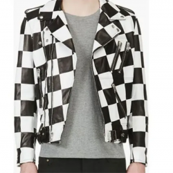 Mens Biker Asymmetrical Zipper Checkerboard Leather Jacket Mens Biker Asymmetrical Zipper Checkerboard Leather Jacket