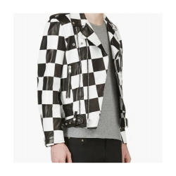 Mens Biker Asymmetrical Zipper Checkerboard Leather Jacket