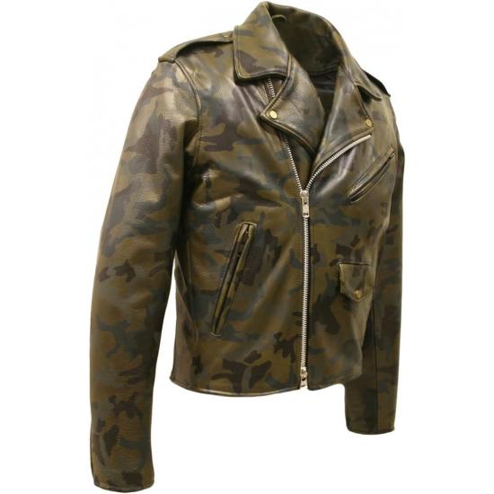 Mens Biker Classic Military Camouflage Leather Jacket
