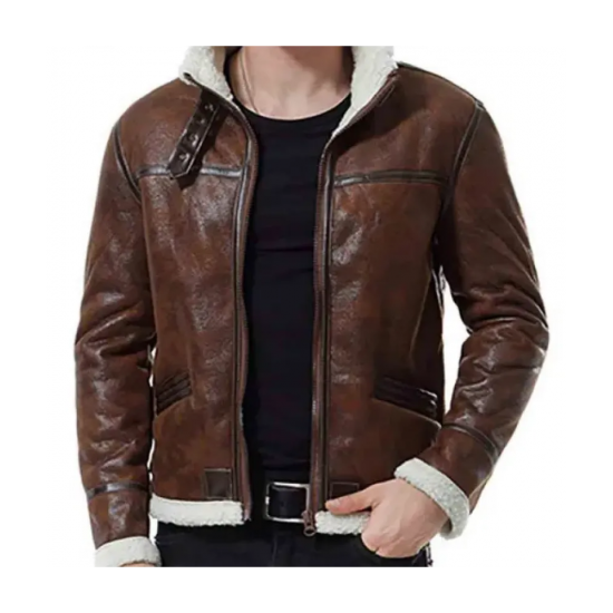 Mens Biker Shearling Bomber Distressed Brown Leather Jacket