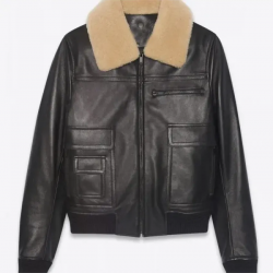 Mens Black Sheepskin Leather Aviator Jacket with Removable Fur Collar Mens Black Sheepskin Leather Aviator Jacket with Removable Fur Collar