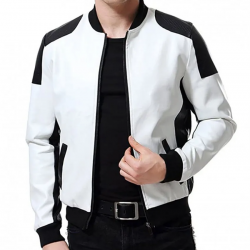 Mens Black and White Leather Biker Bomber Jacket Mens Black and White Leather Biker Bomber Jacket