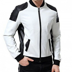 Mens Black and White Leather Biker Bomber Jacket Mens Black and White Leather Biker Bomber Jacket