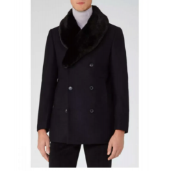 Mens Blue Peacoat with Faux Fur Trimmed