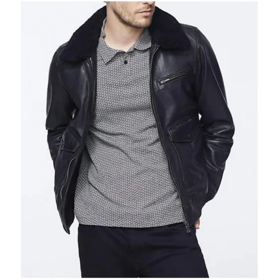 Mens Bomber Black Jacket with Sherpa Collar