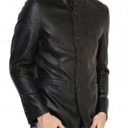 Mens Button Closure Casual Stand Up Collar Black Leather Blazer Mens Button Closure Casual Stand Up Collar Black Leather Blazer