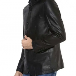 Mens Button Closure Casual Stand Up Collar Black Leather Blazer Mens Button Closure Casual Stand Up Collar Black Leather Blazer