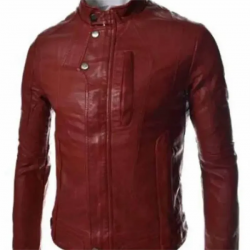 Mens Casual Slim Fit Snap Tab Collar Maroon Faux Leather Jacket Mens Casual Slim Fit Snap Tab Collar Maroon Faux Leather Jacket