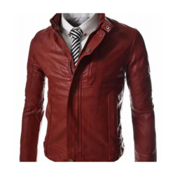 Mens Casual Slim Fit Snap Tab Collar Maroon Faux Leather Jacket