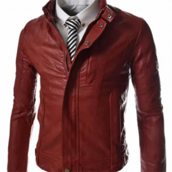 Mens Casual Slim Fit Snap Tab Collar Maroon Faux Leather Jacket Mens Casual Slim Fit Snap Tab Collar Maroon Faux Leather Jacket