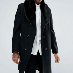 Mens Double Breasted Black Overcoat with Faux Fur Trim Mens Double Breasted Black Overcoat with Faux Fur Trim