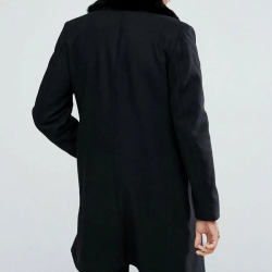 Mens Double Breasted Black Overcoat with Faux Fur Trim Mens Double Breasted Black Overcoat with Faux Fur Trim