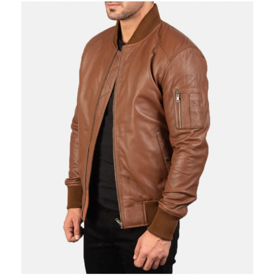 Mens MA 1 Flight Brown Leather Bomber Jacket