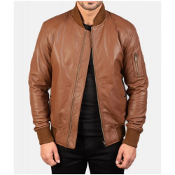 Mens MA 1 Flight Brown Leather Bomber Jacket